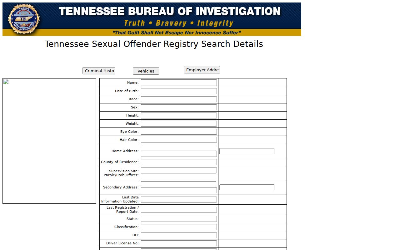 Blank Tennessee registry profile fields used in a Moore County sex offender check