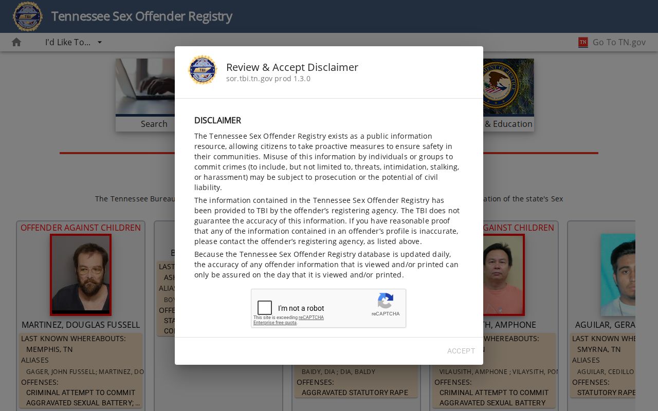 Moore County sex offender lookup on the Tennessee registry search interface