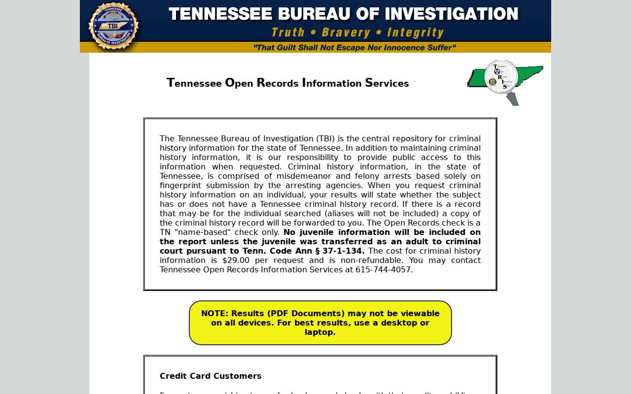 Moore County criminal history access through the Tennessee TORIS landing screen
