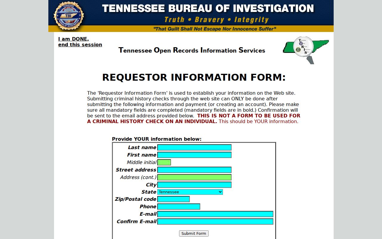 Moore County criminal record search requestor fields in TORIS